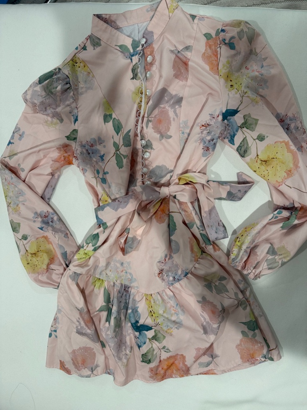 Pink Floral Tie-Waist Babydoll Dress